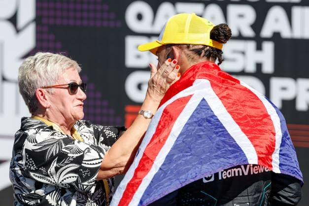 44 Lewis Hamilton GBR, Mercedes AMG Petronas F1 Team and his mother Carmen, F1 Grand Prix of Great Britain at Silverstone Circuit on July 7, 2024 in Silverstone, Great Britain Photo by HOCH ZWEI Silverstone Great Britain