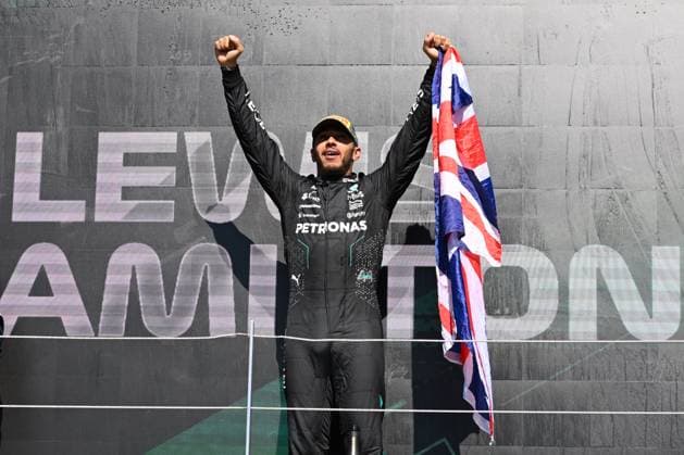 7th July 2024; Silverstone Circuit, Northamptonshire, England; Formula 1 2024 Qatar Airways British F1 Grand Prix; Race Day; Lewis Hamilton (44) of Mercedes celebrates on the podium after winning the British Grand Prix  ActionPlus12665813 SimonxWest