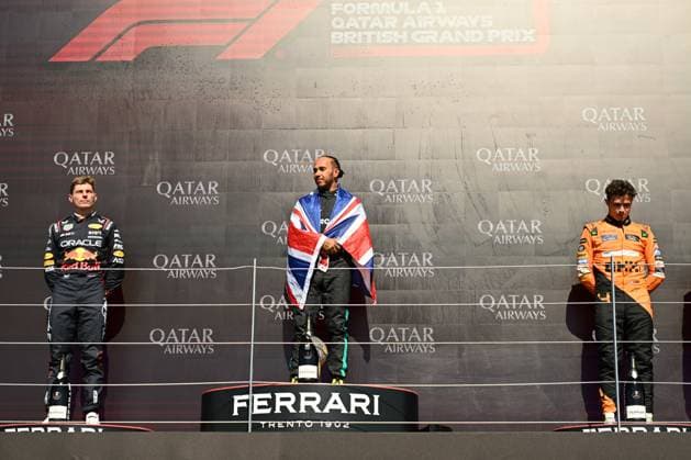 7th July 2024; Silverstone Circuit, Northamptonshire, England; Formula 1 2024 Qatar Airways British F1 Grand Prix; Race Day; The National Anthems play with Lewis Hamilton (44) of Mercedes first, Max Verstappen (1) of Red Bull Racing second and Lando Norris (4) of McLaren in third place  ActionPlus12665814 SimonxWest