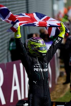 F1 Grand Prix of Great Britain Lewis Hamilton of Great Britain and Mercedes AMG Petronas F1 Team celebrates in Parc Ferme with a Union flag during the F1 Grand Prix of Great Britain at Silverstone Circuit on July 7, 2024, in Northampton, England. Northampton Silverstone Circuit Northampton England RL_GPF1GB24_01329 Copyright: xRicardoxLarreinax