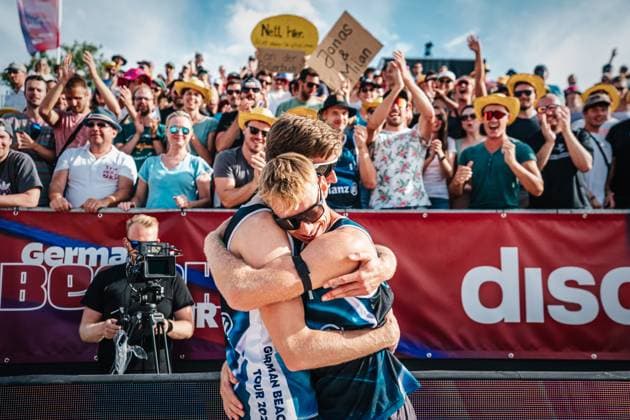 Beach volleyball men Allianz German Beach Tour 2024 Tourstop Heidelberg 07 07 2024 f l Milan Sievers and Jonas Reinhardt win the tour stop in Heidelberg Messplatz Heidelberg Germany