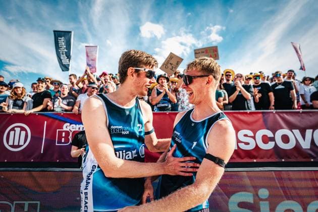 Beach volleyball men Allianz German Beach Tour 2024 Tourstop Heidelberg 07 07 2024 f l Milan Sievers and Jonas Reinhardt win the tour stop in Heidelberg Messplatz Heidelberg Germany