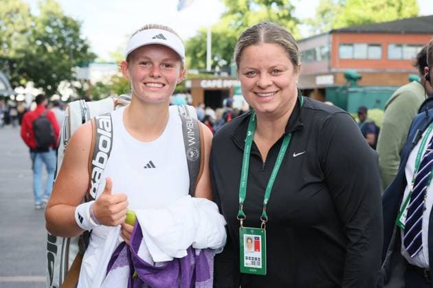 Belgian Jeline Vandromme and Belgian Kim Clijsters pictured after a tennis match between Belgian Vandromme and Korean Jang, in round 1 of the girls singles of the 2024 Wimbledon grand slam tournament at the All England Tennis Club, in south-west London, Britain, . BENOITxDOPPAGNE  x96035085x