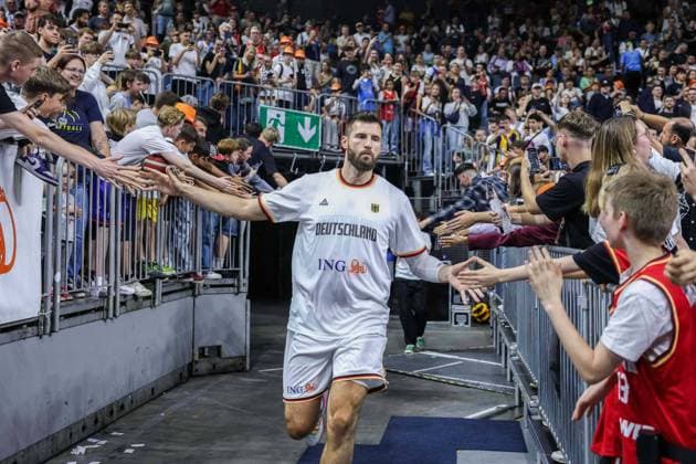 Basketball international match Germany France on 06 07 2024 at the Lanxess Arena in Cologne Leon Kratzer Germany is welcomed by the fans xJRx