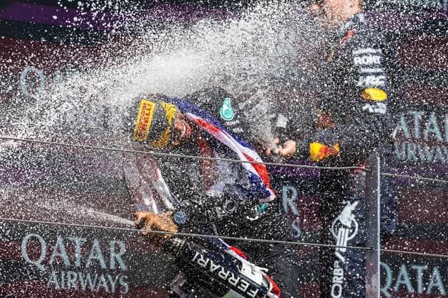 FORMULA 1 QATAR AIRWAYS BRITISH GRAND PRIX 2024 07 07 2024, Silverstone Circuit, Silverstone, FORMULA 1 QATAR AIRWAYS BRITISH GRAND PRIX 2024 , pictured winner Lewis Hamilton GBR , Mercedes AMG Petronas Formula One Team with Max Verstappen NLD , Oracle Red Bull Racing nordphotoxGmbHx xBratic nph00250