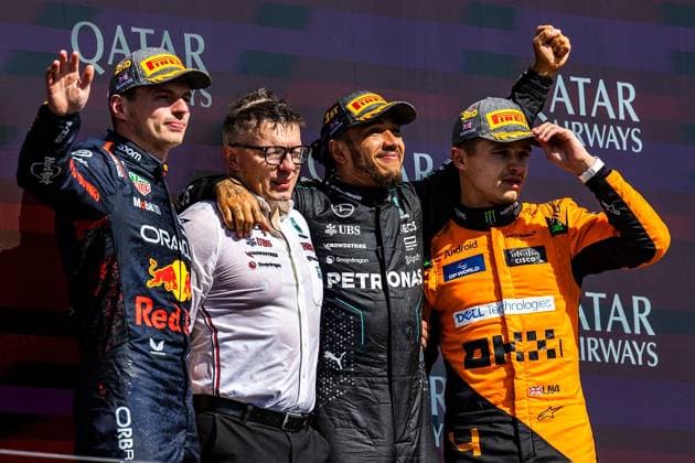 FORMULA 1 QATAR AIRWAYS BRITISH GRAND PRIX 2024 07 07 2024, Silverstone Circuit, Silverstone, FORMULA 1 QATAR AIRWAYS BRITISH GRAND PRIX 2024 , in the picture winner Lewis Hamilton GBR , Mercedes AMG Petronas Formula One Team, 2nd place for Max Verstappen NLD , Oracle Red Bull Racing, 3rd place for Lando Norris GBR , McLaren F1 Team and race engineer Peter Bonnington Mercedes AMG Petronas F1 Team nordphotoxGmbHx xBratic nph00250