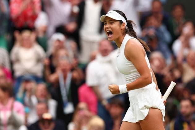 7th July 2024; All England Lawn Tennis and Croquet Club, London, England; Wimbledon Tennis Tournament, Day 7; Emma Raducanu (GBR) celebrates a point during her fourth round match against Lulu Sun (NZL)  ActionPlus12666047 ShaunxBrooks