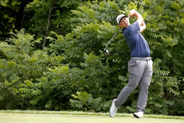 SILVIS, IL - JULiY 07: PGA, Golf Herren golfer Rico Hoey plays his tee shot on the second hole during the final round of the John Deere Classic on July 7,2024, at the TPC Deere Run in Silvis, Illinois. (Photo by Brian Spurlock Icon Sportswire) GOLF: JUL 07 PGA John Deere Classic EDITORIAL USE ONLY Icon24070727