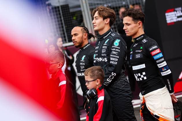 44 Lewis Hamilton GBR, Mercedes AMG Petronas F1 Team , 63 George Russell GBR, Mercedes AMG Petronas F1 Team , 4 Lando Norris GBR, McLaren Formula 1 Team , F1 Grand Prix of Great Britain at Silverstone Circuit on July 7, 2024 in Silverstone, Great Britain Photo by HOCH ZWEI Silverstone Great Britain