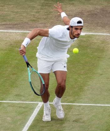 Lawn Tennis - 2024 Wimbledon Championship Lorenzo Musetti (ITA) v Giovanni Mpetshi Perricard (FRA) All England Lawn Tennis & Croquet Club - Monday 8th July 2024 Lorenzo Musetti (ITA) 