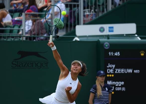 8th July 2024; All England Lawn Tennis and Croquet Club, London, England; Wimbledon Tennis Tournament, Day 8; Mingge Xu (GBR) serves to Joy De Zeeuw (NED) in their womens singles match  ActionPlus12666228 JohnxPatrickxFletcher