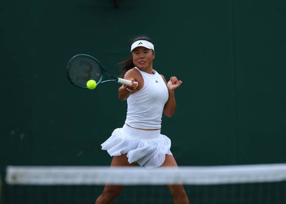 8th July 2024; All England Lawn Tennis and Croquet Club, London, England; Wimbledon Tennis Tournament, Day 8; Mingge Xu (GBR) serves to Joy De Zeeuw (NED) in their womens singles match  ActionPlus12666227 JohnxPatrickxFletcher