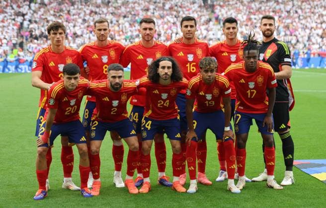 05 07 2024, Football, Men, UEFA European Championship 2024, Quarter Final, Quarter Final, Spain Germany, Fabian Ruiz Spain , Lamine Yamal Spain , Nico Williams Spain , Pedri Spain , Robin Le Normand Spain , Daniel Carvajal Spain , Rodri Spain , Aymeric Laporte Spain , Marc Cucurella Spain , Unai Simon Spain , Alvaro Morata Spain Stuttgart MHP Arena Baden Württemberg Germany EN Copyright: xSebastianxBachx