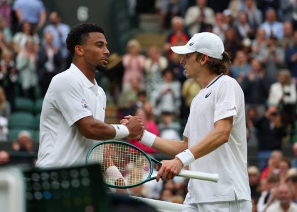 8th July 2024; All England Lawn Tennis and Croquet Club, London, England; Wimbledon Tennis Tournament, Day 8; Alex de Minaur (AUS) shakes hands with to Arthur Fils (FRA) in his mens singles match after reaching the quarter finals  ActionPlus12666272 JohnxPatrickxFletcher