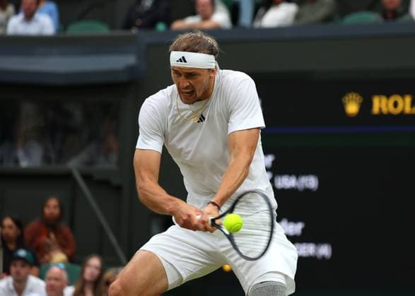 8th July 2024; All England Lawn Tennis and Croquet Club, London, England; Wimbledon Tennis Tournament, Day 8; Alexander Zverev (GER) with a backhand shot to Taylor Fritz (USA), mens singles match  ActionPlus12666279 JohnxPatrickxFletcher