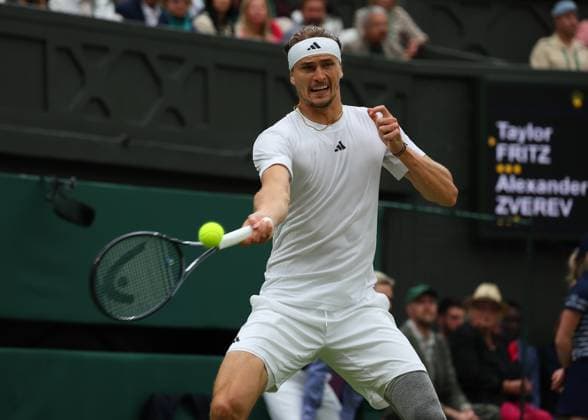 8th July 2024; All England Lawn Tennis and Croquet Club, London, England; Wimbledon Tennis Tournament, Day 8; Alexander Zverev (GER) with a forehand shot to Taylor Fritz (USA), mens singles match  ActionPlus12666281 JohnxPatrickxFletcher