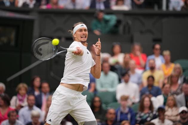 LONDON, ENGLAND - JULY 08: Alexander Zverev of Germany hits a forehand against Taylor Fritz of United States in the Gentlemen s Singles fourth round match during day eight of The Championships Wimbledon 2024 at All England Lawn Tennis and Croquet Club on July 08, 2024 in London, England.  Copyright: xHiroshixSatox