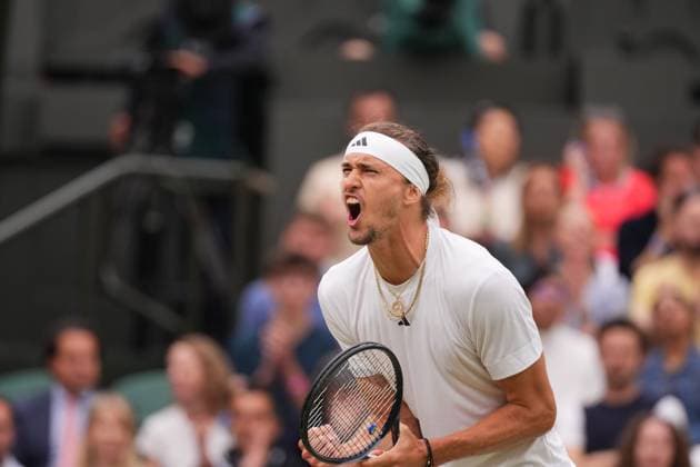 LONDON, ENGLAND - JULY 08: Alexander Zverev of Germany celebrates winning set point against Taylor Fritz of United States in the Gentlemen s Singles fourth round match during day eight of The Championships Wimbledon 2024 at All England Lawn Tennis and Croquet Club on July 08, 2024 in London, England.  Copyright: xHiroshixSatox