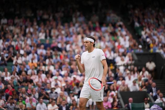 LONDON, ENGLAND - JULY 08: Taylor Fritz of United States reacts against Alexander Zverev of Germany in the Gentlemen s Singles fourth round match during day eight of The Championships Wimbledon 2024 at All England Lawn Tennis and Croquet Club on July 08, 2024 in London, England.  Copyright: xHiroshixSatox