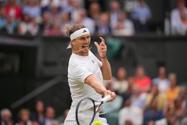 LONDON, ENGLAND - JULY 08: Alexander Zverev of Germany hits a forehand against Taylor Fritz of United States in the Gentlemen s Singles fourth round match during day eight of The Championships Wimbledon 2024 at All England Lawn Tennis and Croquet Club on July 08, 2024 in London, England.  Copyright: xHiroshixSatox