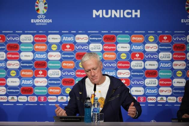 Deschamps Didier Head coach FRA conférence de presse FOOTBALL : Conférences de presse MD-1 France Avec le sélectionneur Didier Deschamps, l UEFA EURO, EM, Europameisterschaft,Fussball Allianz Arena de Munich. - 08 07 2024 ElyxandroCegarra Panoramic 