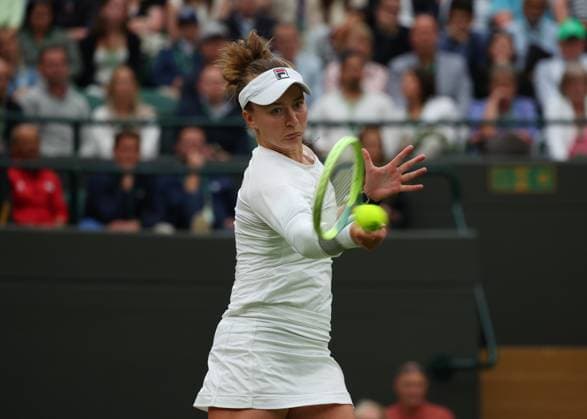 8th July 2024; All England Lawn Tennis and Croquet Club, London, England; Wimbledon Tennis Tournament, Day 8; Barbora Krejcikova (CZE) with a forehand shot to Danielle Collins (USA), ladies singles match  ActionPlus12666318 JohnxPatrickxFletcher