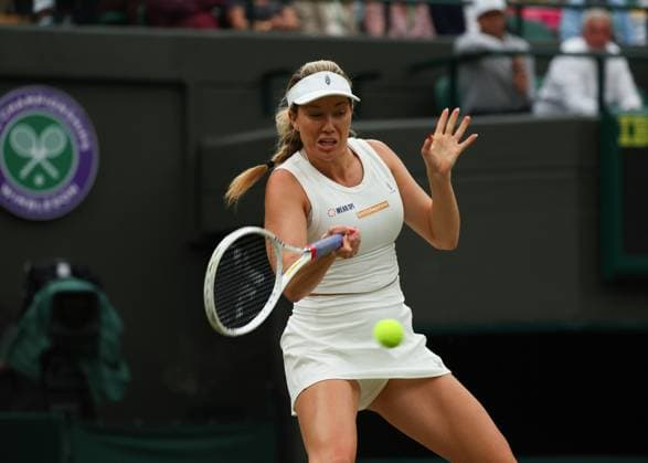 8th July 2024; All England Lawn Tennis and Croquet Club, London, England; Wimbledon Tennis Tournament, Day 8; Barbora Krejcikova (CZE) with a forehand shot to Danielle Collins (USA), ladies singles match  ActionPlus12666320 JohnxPatrickxFletcher