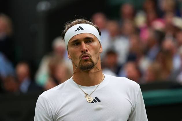 8th July 2024; All England Lawn Tennis and Croquet Club, London, England; Wimbledon Tennis Tournament, Day 8; Alexander Zverev (GER) looks on in his mens singles match against Taylor Fritz (USA)  ActionPlus12666329 JohnxPatrickxFletcher