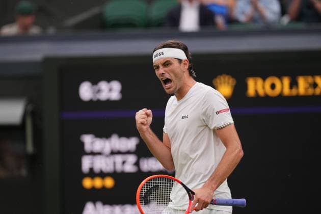 LONDON, ENGLAND - JULY 08: Taylor Fritz of United States celebrates against Alexander Zverev of Germany in the Gentlemen s Singles fourth round match during day eight of The Championships Wimbledon 2024 at All England Lawn Tennis and Croquet Club on July 08, 2024 in London, England.  Copyright: xHiroshixSatox