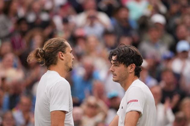 LONDON, ENGLAND - JULY 08: Taylor Fritz of United States (R) talks with Alexander Zverev of Germany at the net following victory in the Gentlemen s Singles fourth round match during day eight of The Championships Wimbledon 2024 at All England Lawn Tennis and Croquet Club on July 08, 2024 in London, England  Copyright: xHiroshixSatox
