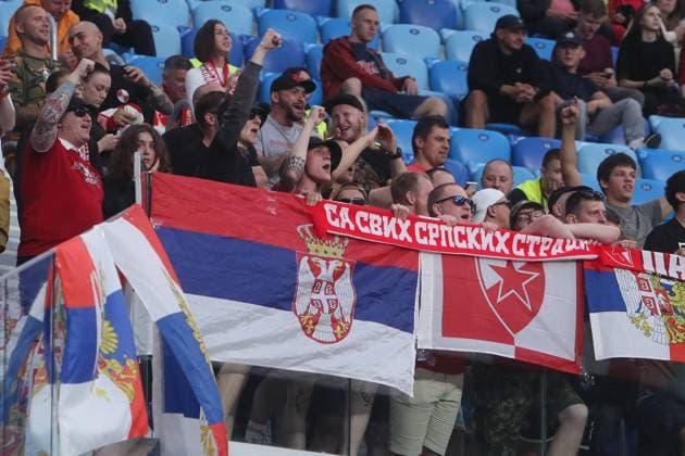 Russia Soccer Summer Cup Zenit - Crvena Zvezda 8725206 08.07.2024 Crvena Zvezda s fans cheer during the Summer Cup soccer match between Zenit St. Petersburg and Crvena Zvezda Belgrade in St. Petersburg, Russia. Mikhail Kireev Sputnik St. Petersburg Russia  Copyright: xMikhailxKireevx