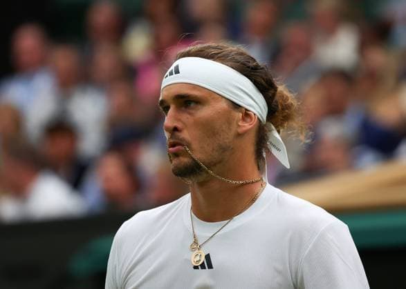8th July 2024; All England Lawn Tennis and Croquet Club, London, England; Wimbledon Tennis Tournament, Day 8; Alexander Zverev (GER) in thoughtful mood in his mens singles match against Taylor Fritz (USA)  ActionPlus12666330 JohnxPatrickxFletcher