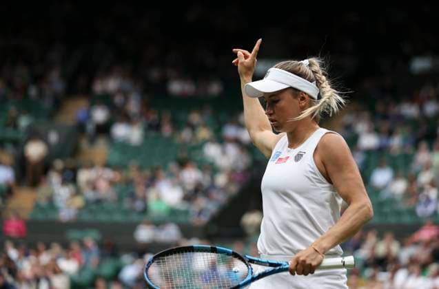 (240709) -- LONDON, July 9, 2024 -- Yulia Putintseva challenges a call during the women s singles fourth round match between Jelena Ostapenko of Latvia and Yulia Putintseva of Kazakhstan at Wimbledon tennis Championship in London, Britain, on July 8, 2024. ) (SP)BRITAIN-LONDON-TENNIS-WIMBLEDON-DAY 8 HanxYan 
