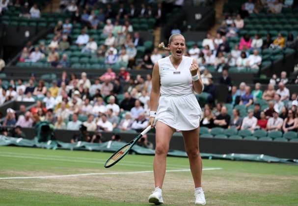 (240709) -- LONDON, July 9, 2024 -- Jelena Ostapenko celebrates a point during the women s singles fourth round match between Jelena Ostapenko of Latvia and Yulia Putintseva of Kazakhstan at Wimbledon tennis Championship in London, Britain, on July 8, 2024. ) (SP)BRITAIN-LONDON-TENNIS-WIMBLEDON-DAY 8 HanxYan 