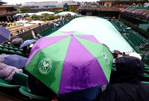 Spectators shelter under umbrellas around the grounds as rain falls before the start of play. Wimbledon Tennis Championships, Day 9, The All England Lawn Tennis and Croquet Club, London, UK - 09 Jul 2024  Copyright: xJamesxMarsh Shutterstockx 14577170g