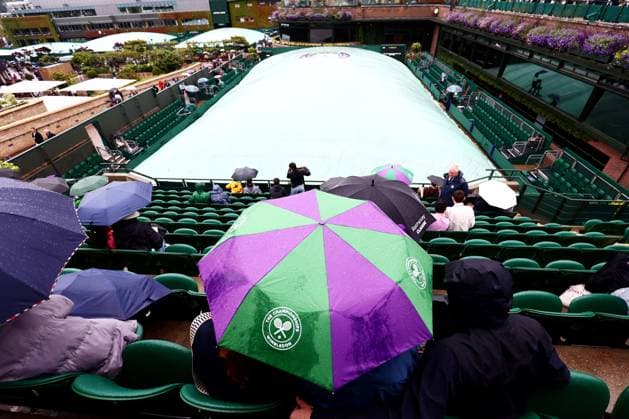 Spectators shelter under umbrellas around the grounds as rain falls before the start of play. Wimbledon Tennis Championships, Day 9, The All England Lawn Tennis and Croquet Club, London, UK - 09 Jul 2024  Copyright: xJamesxMarsh Shutterstockx 14577170d
