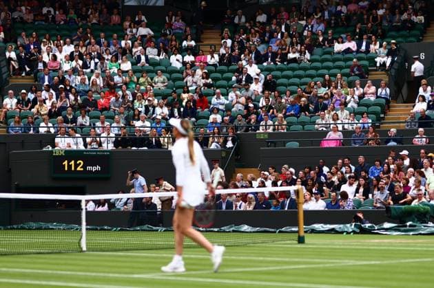 Empty seats are seen as Donna Vekic of Croatia prepares to serve Wimbledon Tennis Championships, Day 9, The All England Lawn Tennis and Croquet Club, London, UK - 09 Jul 2024  Copyright: xJamesxMarsh Shutterstockx 14577170s