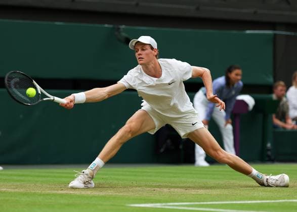 9th July 2024; All England Lawn Tennis and Croquet Club, London, England; Wimbledon Tennis Tournament, Day 9; Jannik Sinner (ITA) from the baseline against Daniil Medvedev (RUS), mens singles quarter final match  ActionPlus12666374 JohnxPatrickxFletcher