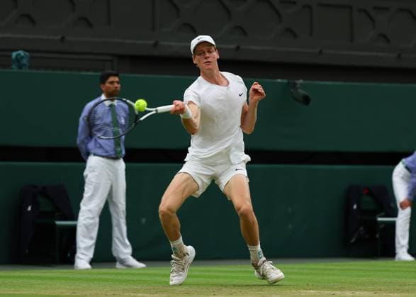 9th July 2024; All England Lawn Tennis and Croquet Club, London, England; Wimbledon Tennis Tournament, Day 9; Jannik Sinner (ITA) from the baseline against Daniil Medvedev (RUS), mens singles quarter final match  ActionPlus12666375 JohnxPatrickxFletcher