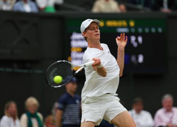 9th July 2024; All England Lawn Tennis and Croquet Club, London, England; Wimbledon Tennis Tournament, Day 9; Jannik Sinner (ITA) from the baseline against Daniil Medvedev (RUS), mens singles quarter final match  ActionPlus12666377 JohnxPatrickxFletcher