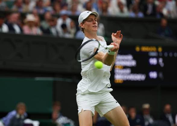 9th July 2024; All England Lawn Tennis and Croquet Club, London, England; Wimbledon Tennis Tournament, Day 9; Jannik Sinner (ITA) from the baseline against Daniil Medvedev (RUS), mens singles quarter final match  ActionPlus12666378 JohnxPatrickxFletcher