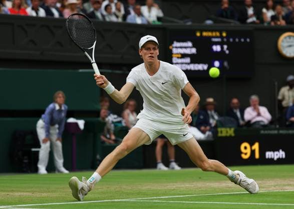 9th July 2024; All England Lawn Tennis and Croquet Club, London, England; Wimbledon Tennis Tournament, Day 9; Jannik Sinner (ITA) from the baseline against Daniil Medvedev (RUS), mens singles quarter final match  ActionPlus12666380 JohnxPatrickxFletcher
