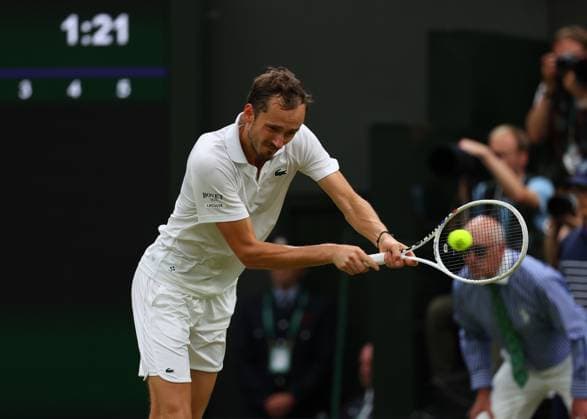 9th July 2024; All England Lawn Tennis and Croquet Club, London, England; Wimbledon Tennis Tournament, Day 9; Daniil Medvedev (RUS) from the baseline against Jannik Sinner (ITA), mens singles quarter final match  ActionPlus12666382 JohnxPatrickxFletcher