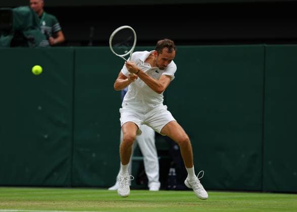 9th July 2024; All England Lawn Tennis and Croquet Club, London, England; Wimbledon Tennis Tournament, Day 9; Daniil Medvedev (RUS) from the baseline against Jannik Sinner (ITA), mens singles quarter final match  ActionPlus12666383 JohnxPatrickxFletcher