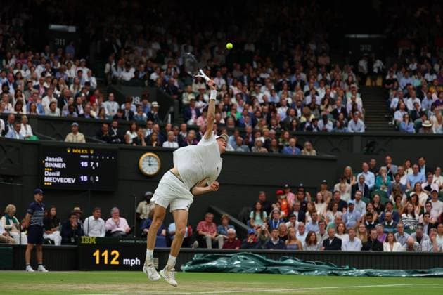 9th July 2024; All England Lawn Tennis and Croquet Club, London, England; Wimbledon Tennis Tournament, Day 9; Jannik Sinner (ITA) serves to Daniil Medvedev (RUS), mens singles quarter final match  ActionPlus12666385 JohnxPatrickxFletcher