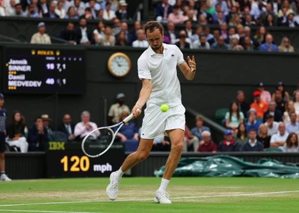 9th July 2024; All England Lawn Tennis and Croquet Club, London, England; Wimbledon Tennis Tournament, Day 9; Daniil Medvedev (RUS) from the baseline against Jannik Sinner (ITA), mens singles quarter final match  ActionPlus12666386 JohnxPatrickxFletcher