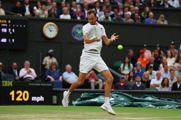 9th July 2024; All England Lawn Tennis and Croquet Club, London, England; Wimbledon Tennis Tournament, Day 9; Daniil Medvedev (RUS) from the baseline against Jannik Sinner (ITA), mens singles quarter final match  ActionPlus12666387 JohnxPatrickxFletcher