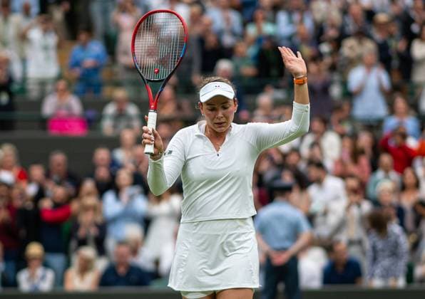 Tennis - Wimbledon Championship 2024 - Day 9 LONDON, ENGLAND - Tuesday, July 9, 2024: Donna VekiÄ‡ (CRO) celebrates after the Ladies Singles Quarter-Final match on Day Nine of The Championships Wimbledon 2024 at the All England Lawn Tennis and Croquet Club. VekiÄ‡ won 5-7, 6-4, 6-1. (Photo by Kirsten Holst Propaganda) LONDON All England Lawn Tennis and Croquet Club GREATER LONDON ENGLAND  Copyright: xKirstenxHolstx 2024-07-09-036-Wimbledon_Day_9