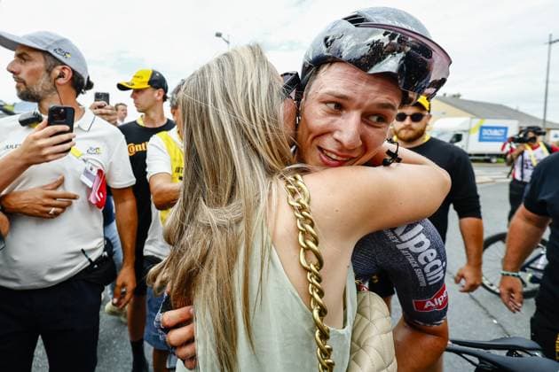 Belgian Jasper Philipsen of Alpecin-Deceuninck celebrates after winning stage 10 of the 2024 Tour de France cycling race, from Orleans to Saint-Amand-Montrond, France (187,3 km) on Tuesday 09 July 2024. The 111th edition of the Tour de France starts on Saturday 29 June and will finish in Nice, France on 21 July. POOLxJANxDExMEULENEIR  x96140832x