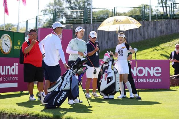 EVIAN-LES-BAINS, FRANCE - 09.07.2024: JI YOUNG PARK and Lee Ye Won (KOR) of The Amundi Evian Championship at the Evian Resort Golf Club on July 09, 2023 in Evian-les-Bains, France.